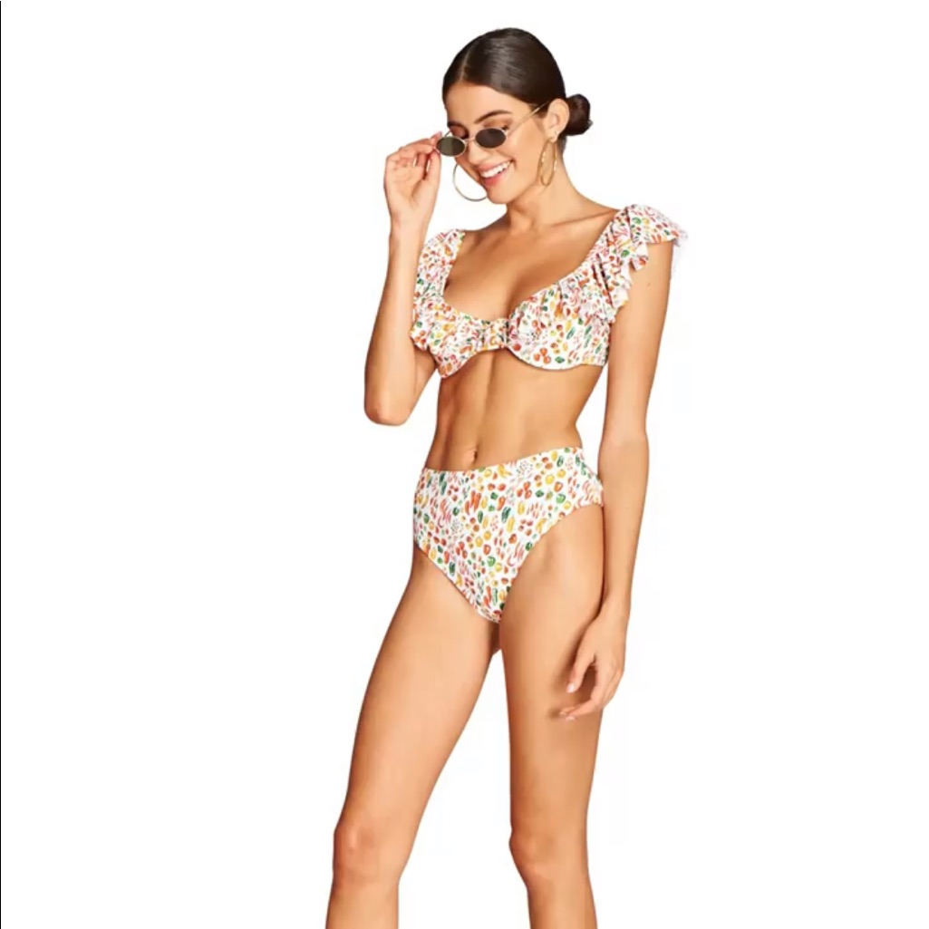 Revolve Carolina Costas Ruffled High-Waist Bikini Set In White Multi Size S